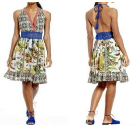 Chelsea & Violet Floral Crepe Lace Empire Waist HalterFlare Dress v neck low cut - Picture 1 of 8